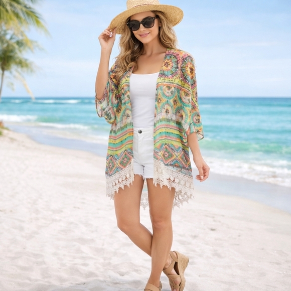 love, Fire Other - Love Fire Boho Festival Kimono Lace‎ Hem Colorful Cover Up M